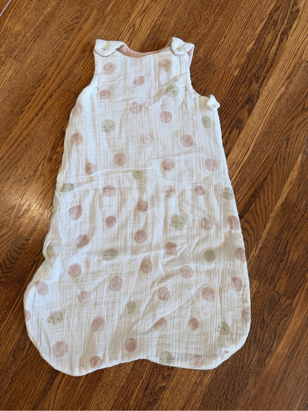 Baby White Muslin Sleep Sack with Pink and Light Green Dots